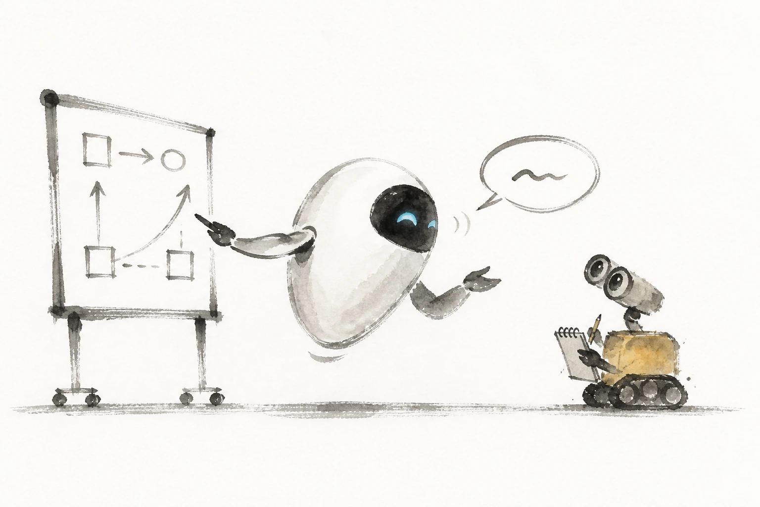 Ink-and-watercolor illustration of EVE explaining a plan at a whiteboard while WALL-E takes notes.